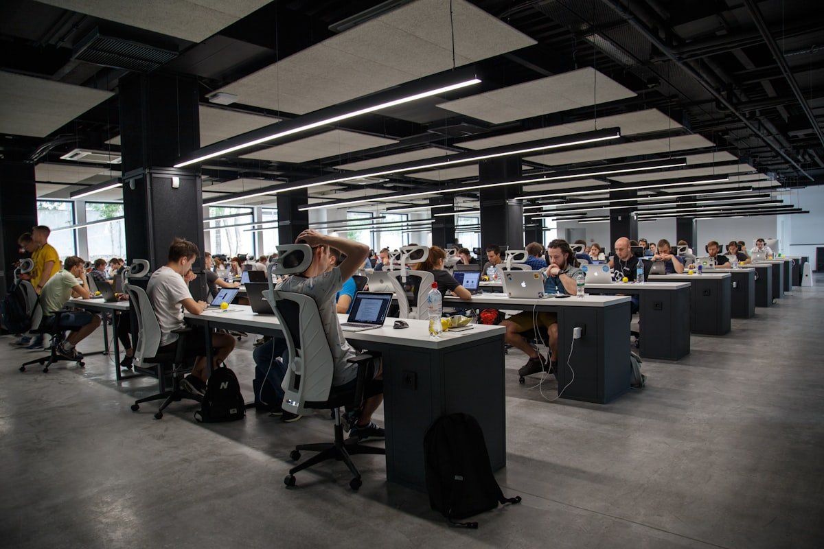 AI startup team working in a modern open office
