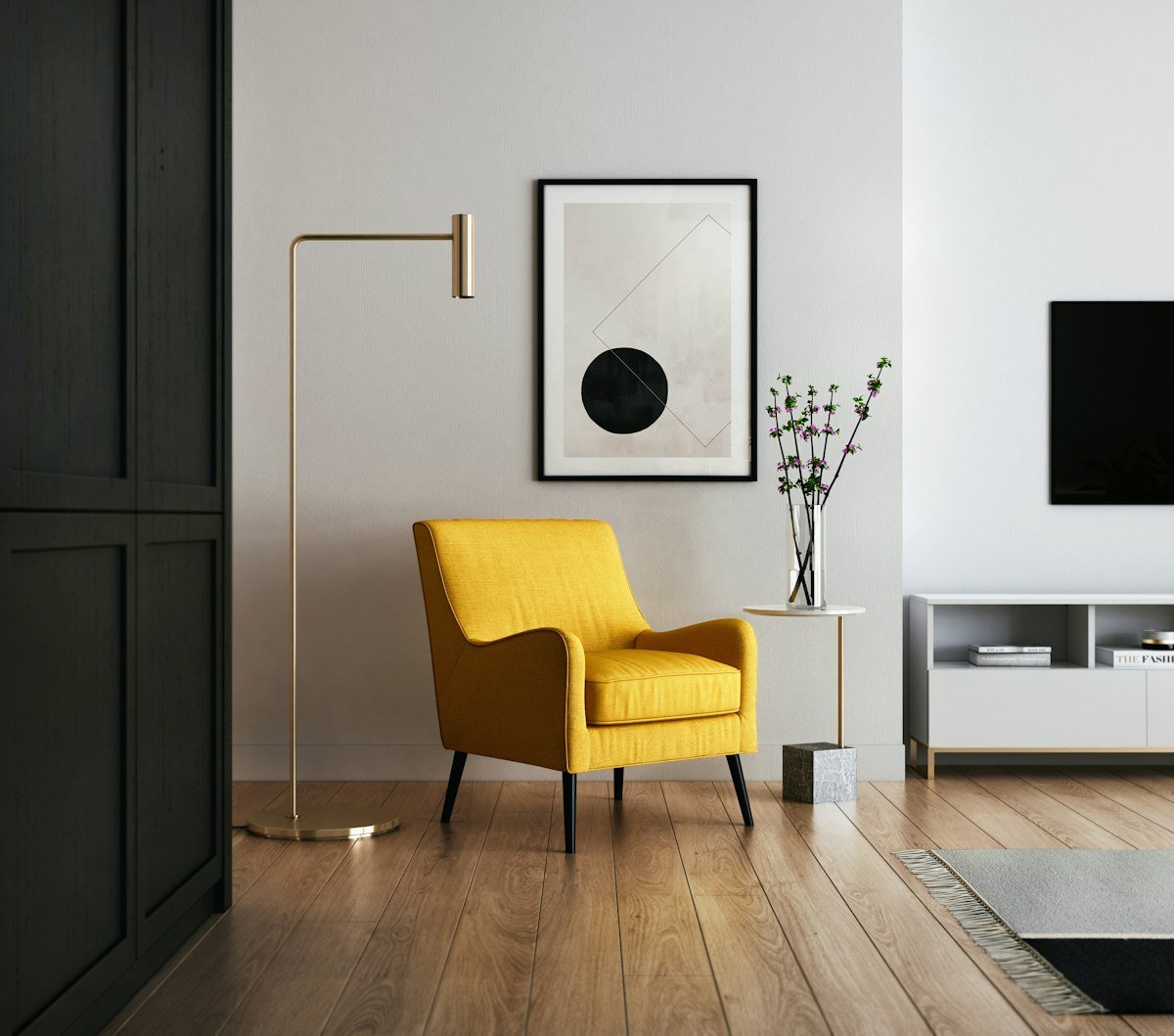 Yellow armchair and floor lamp detail vignette from an interior designer’s project